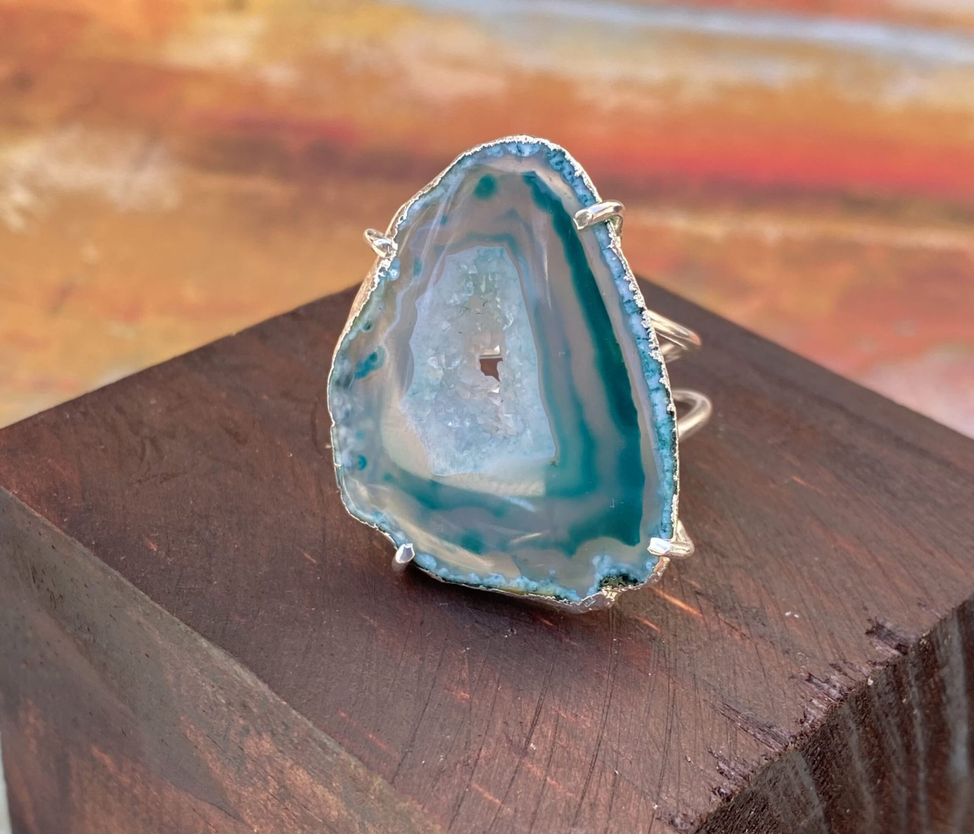 Green Agate Geo Slice Statement Ring / Silver Edged